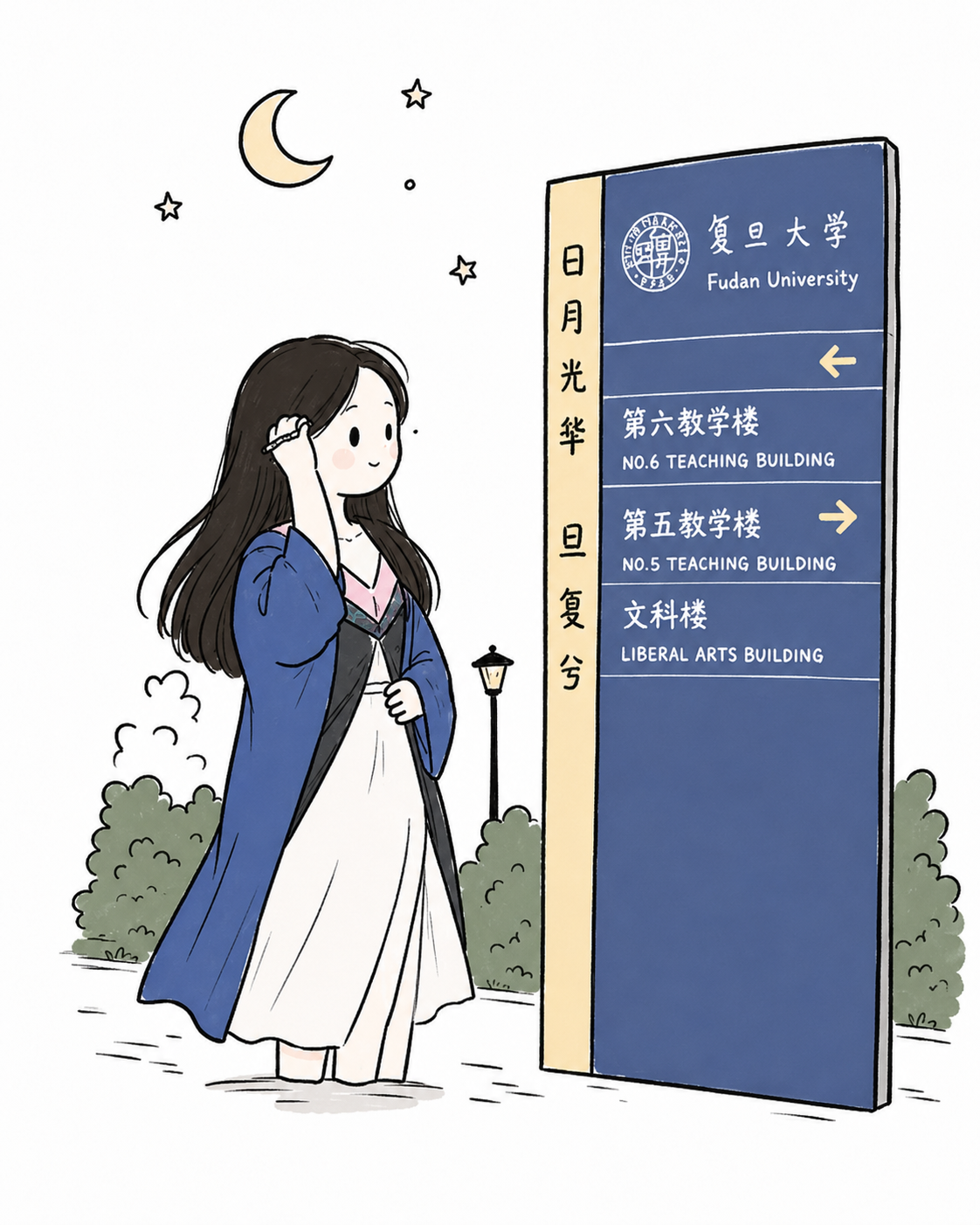 Kiki 穿着复旦大学毕业服站在校园路牌旁的简笔画